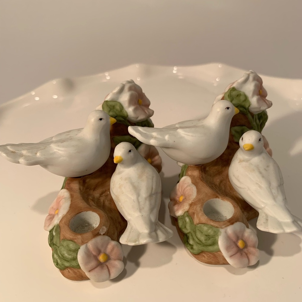 White porcelain bisque Love Bird Candle Holders with Floral Accents